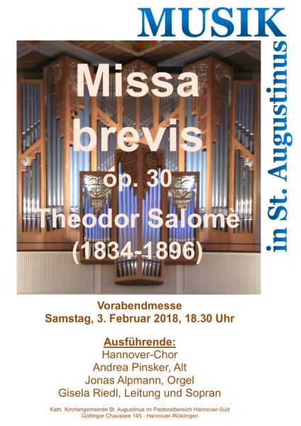 Musik in St. Augustinus: Missa brevis von Thodor Salom am Samstag, 3. Februar 2018, 18.30 Uhr