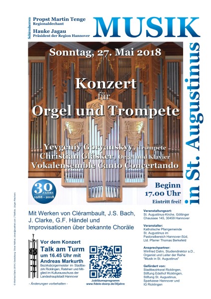 Konzert fr Orgel und Trompete am Sonntag, 27. Mai 2018, 17 Uhr, in St. Augustinus, Gttinger Chaussee 145, 30459 Hannover