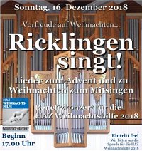 Ricklingen singt! Am Sonntag, 16. Dezember 2018, 17 Uhr in der Ricklinger St. Augustinus-Kirche