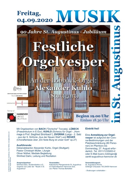 Festliche Orgelvesper am Freitag, 4. September 20202, 19 Uhr, St. Augustinus-Kirche