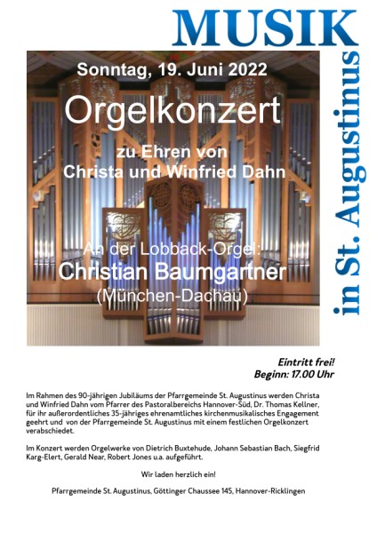 Orgelkonzert, Sonntag, 19. Juni 2022, 17.00 Uhr, St. Augustinus, Eintritt frei